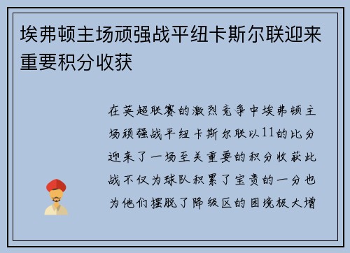 埃弗顿主场顽强战平纽卡斯尔联迎来重要积分收获