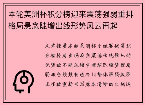 本轮美洲杯积分榜迎来震荡强弱重排格局悬念陡增出线形势风云再起